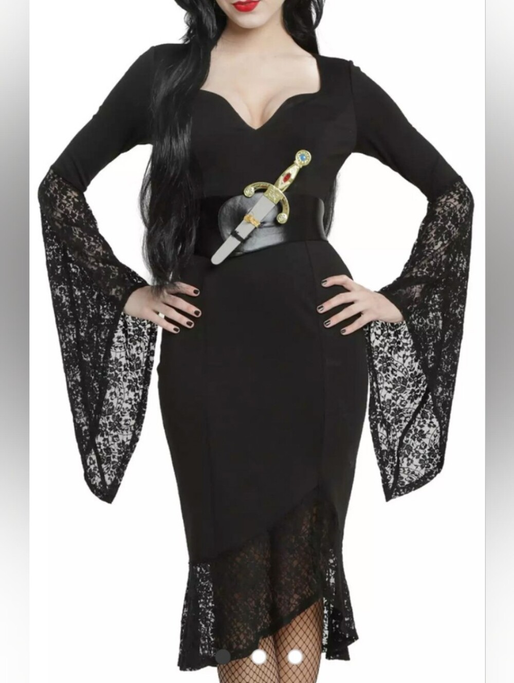 RARE Hot Topic 2016 Elvira / Morticia-inspired dress lace bell sleeves deep V-n